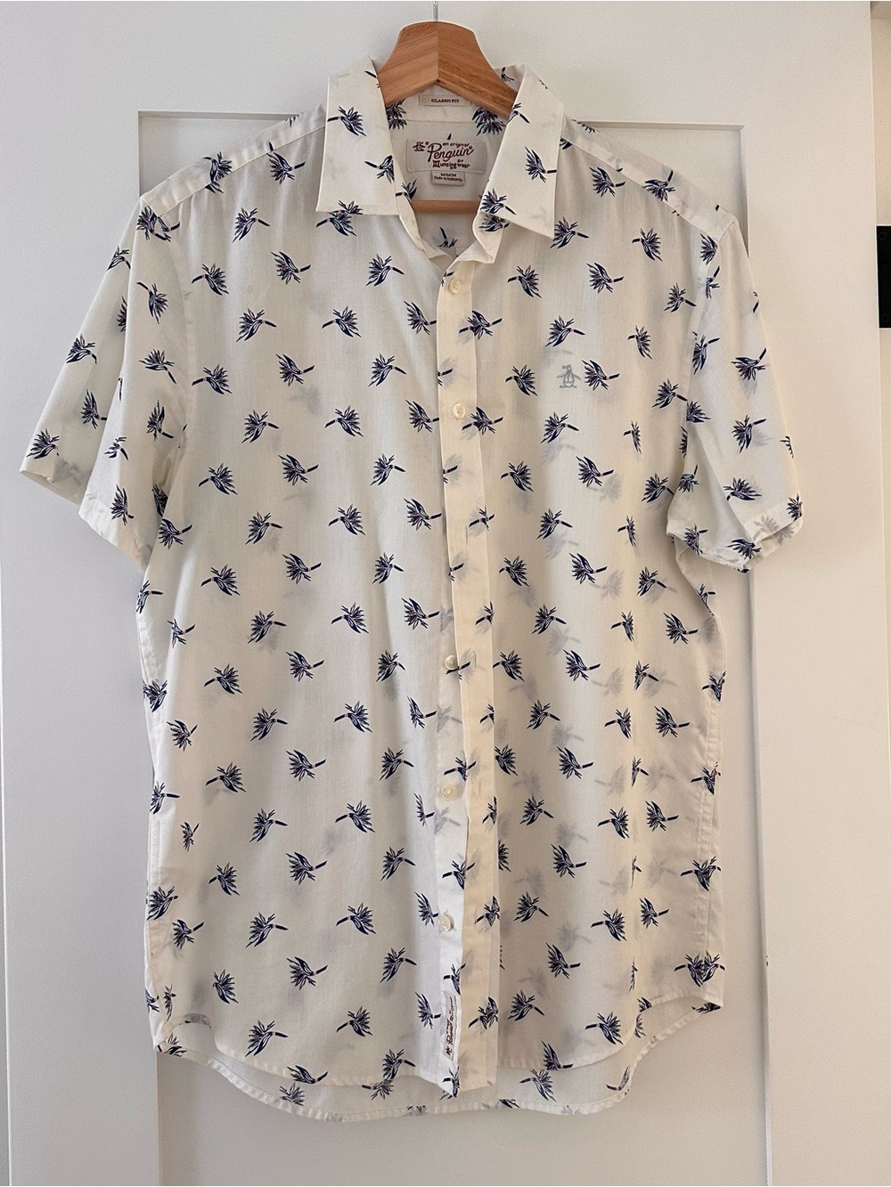 Original Penguin White Short-Sleeve Button-Down with Navy Botanical Print